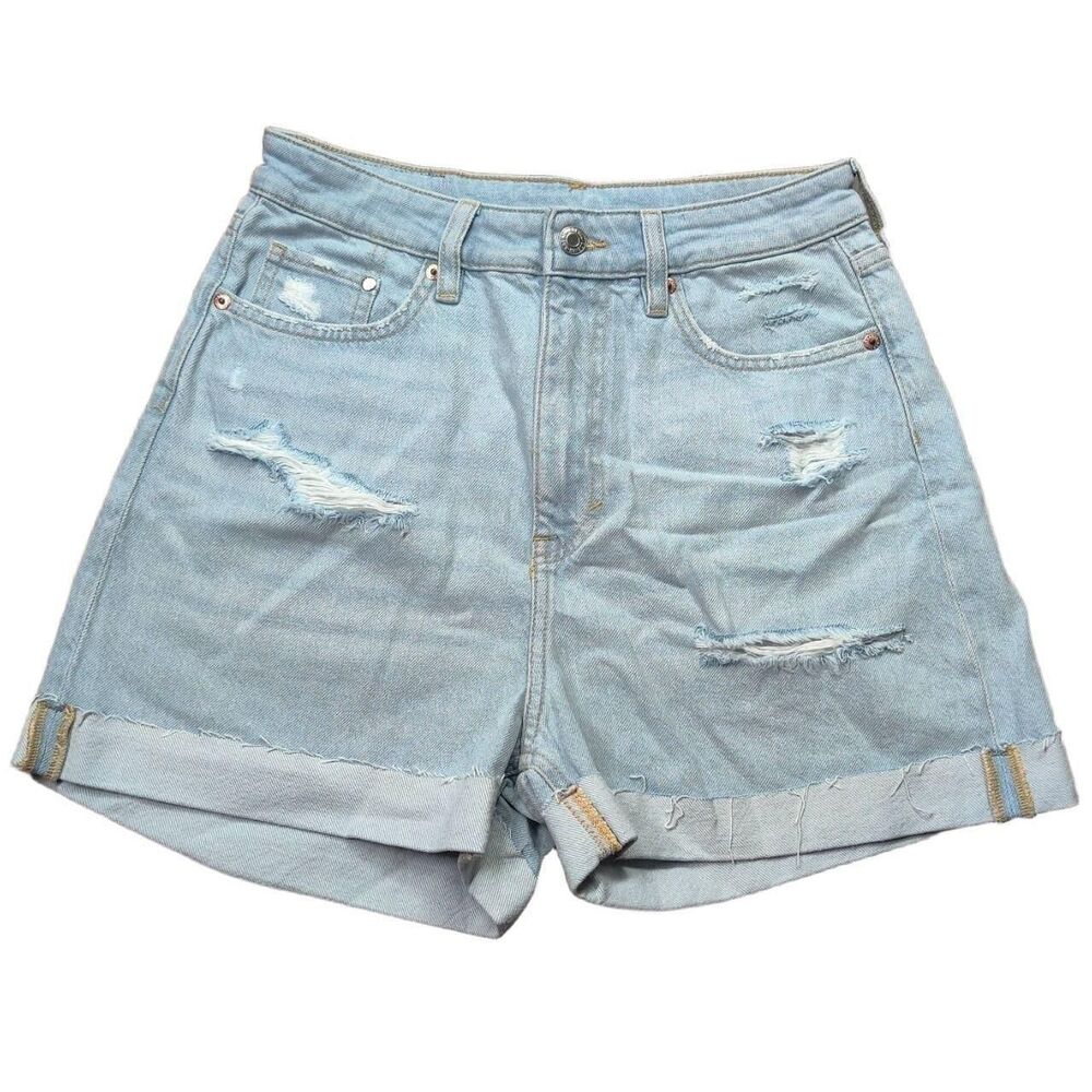 H&M Distressed Cuffed Hem Denim Mom Shorts Ultra High Waist Size 6 Light Wash